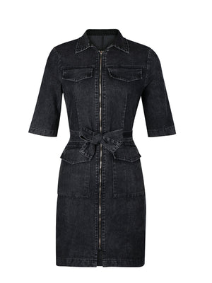Black denim shirt dress with zipper front, tie waist, and short sleeves.