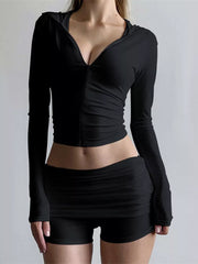 Black cropped zip-up hoodie with ruched shorts set