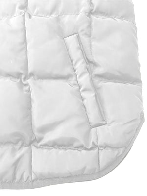 White quilted bomber jacket with stand collar and pocket detail