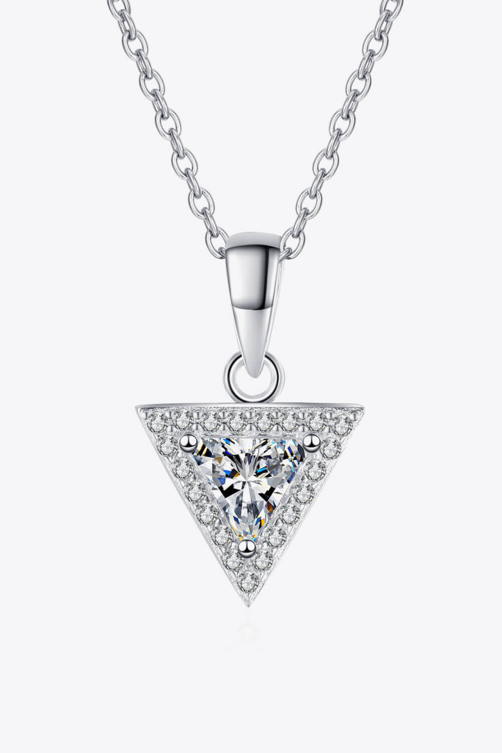 Silver geometric halo moissanite necklace with a triangle pendant and sparkling stones.