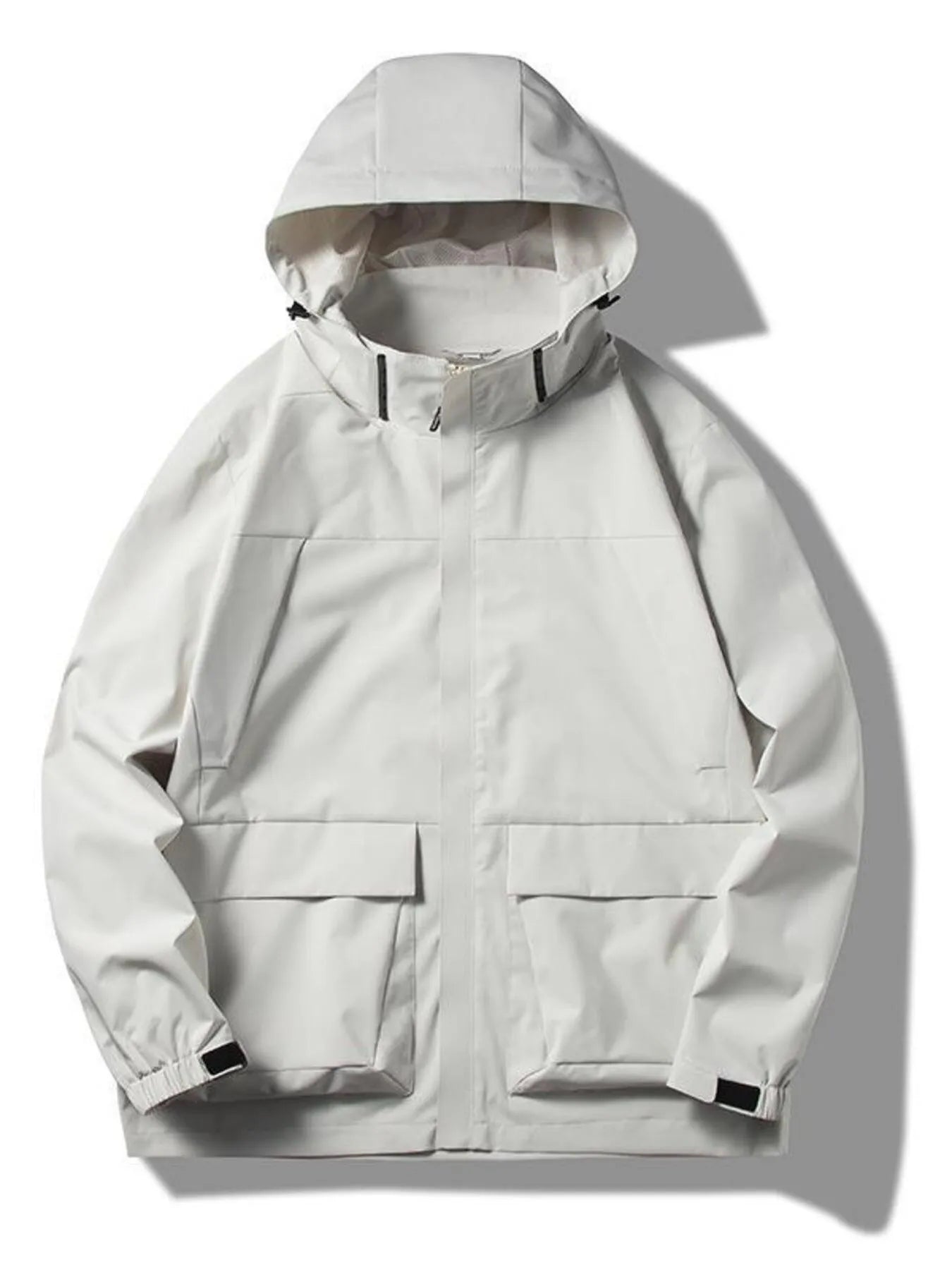 Hooded windproof jacket in Fog Lotus White with two chest pockets and two large front pockets.
