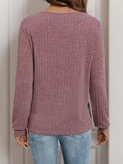 Dusty pink ribbed long sleeve top with button front detail