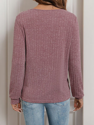 Dusty pink ribbed long sleeve top with button front detail