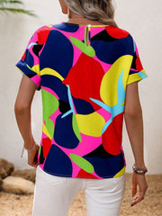 Women's abstract floral print t-shirt with short sleeves and a keyhole back detail.