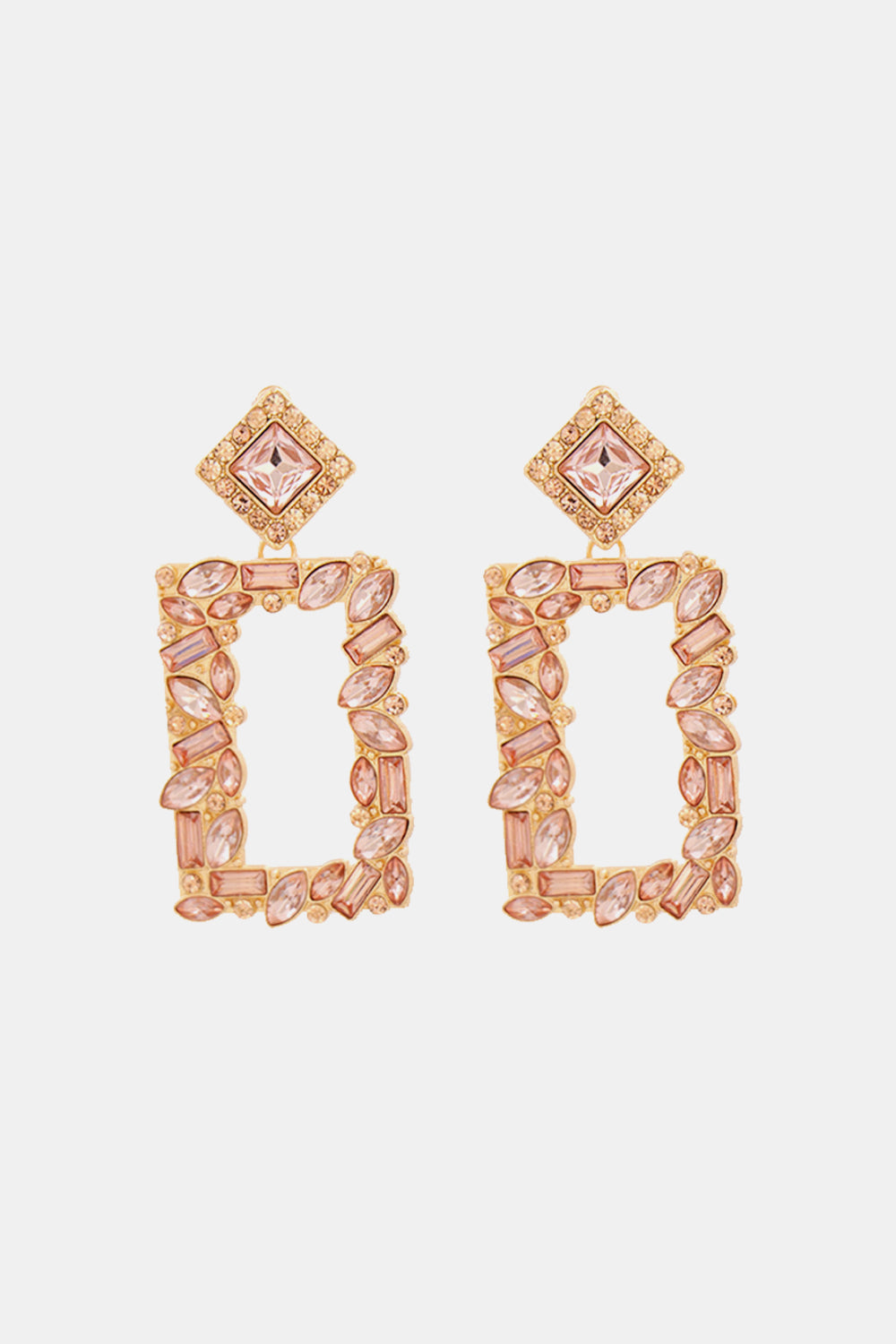 Geometric jewel box earrings in peach with gold alloy setting and sparkling stones.