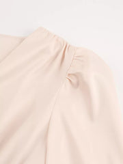Elegant V-neck Puff Sleeve Button-down Midi Dress in White, product detail