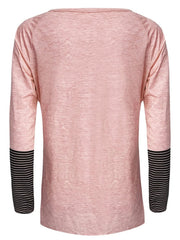 Dusty pink raglan tee with striped cuffs and a rounded neckline.
