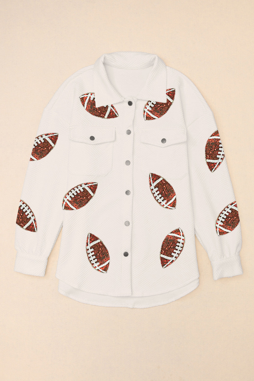 White textured overshirt with all-over football appliqué detail.