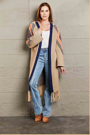 Khaki longline cardigan with geometric trim and fringed hemline