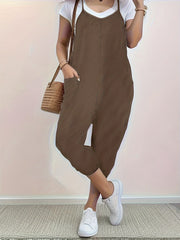 Heathered loose fit spaghetti strap jumpsuit in coffee brown with pockets and cropped legs.