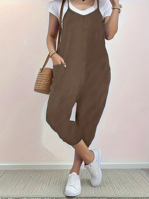 Heathered loose fit spaghetti strap jumpsuit in coffee brown with pockets and cropped legs.