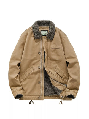 Khaki sherpa collar jacket with button-up front and multiple pockets.