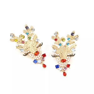 Festive reindeer earrings with vibrant rhinestones and pearls, 18k gold tone.