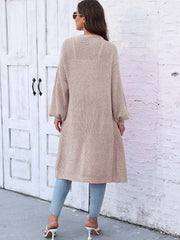 Ribbed knit maxi cardigan in khaki with long sleeves and pockets.