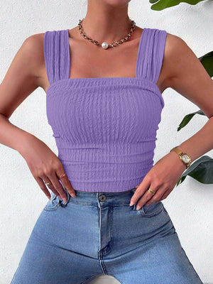 Lavender textured crinkle strap crop top with square neckline.