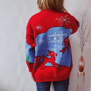 Red acrylic knit sweater with reindeer and snowflake pattern
