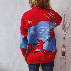Red acrylic knit sweater with reindeer and snowflake pattern