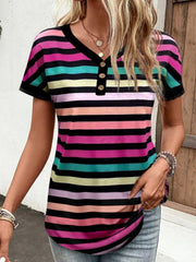 Rainbow stripe henley tee with button placket and black trim neckline.