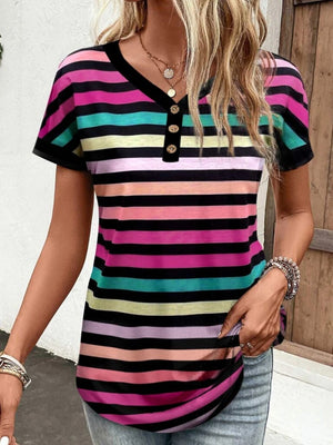 Rainbow stripe henley tee with button placket and black trim neckline.