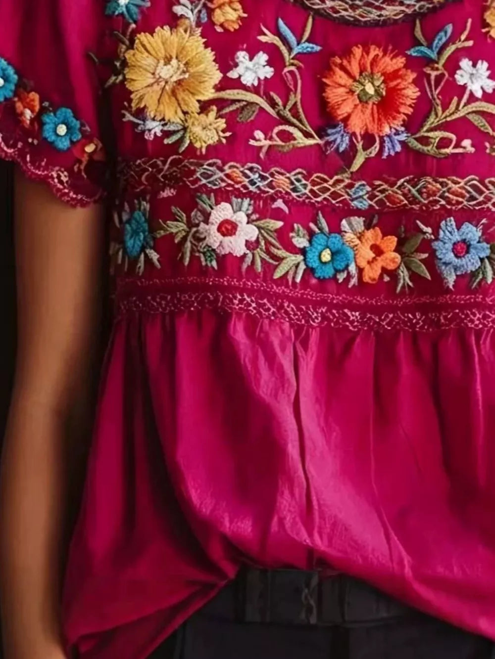 Plus Size Embroidered Floral Short Sleeve Top in Deep Rose, close-up detail