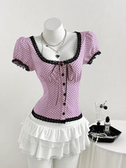 Polka Dot Lace Trim Puff Sleeve Top, view 17