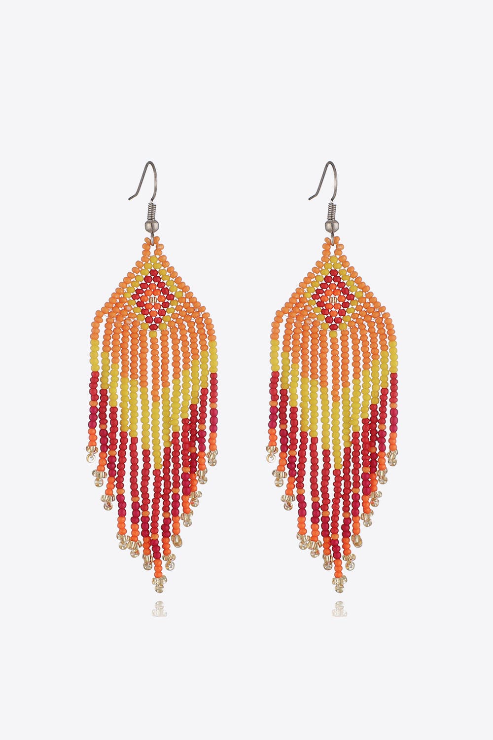 Beaded diamond fringe earrings in orange, yellow, red, and pink with gold accents.