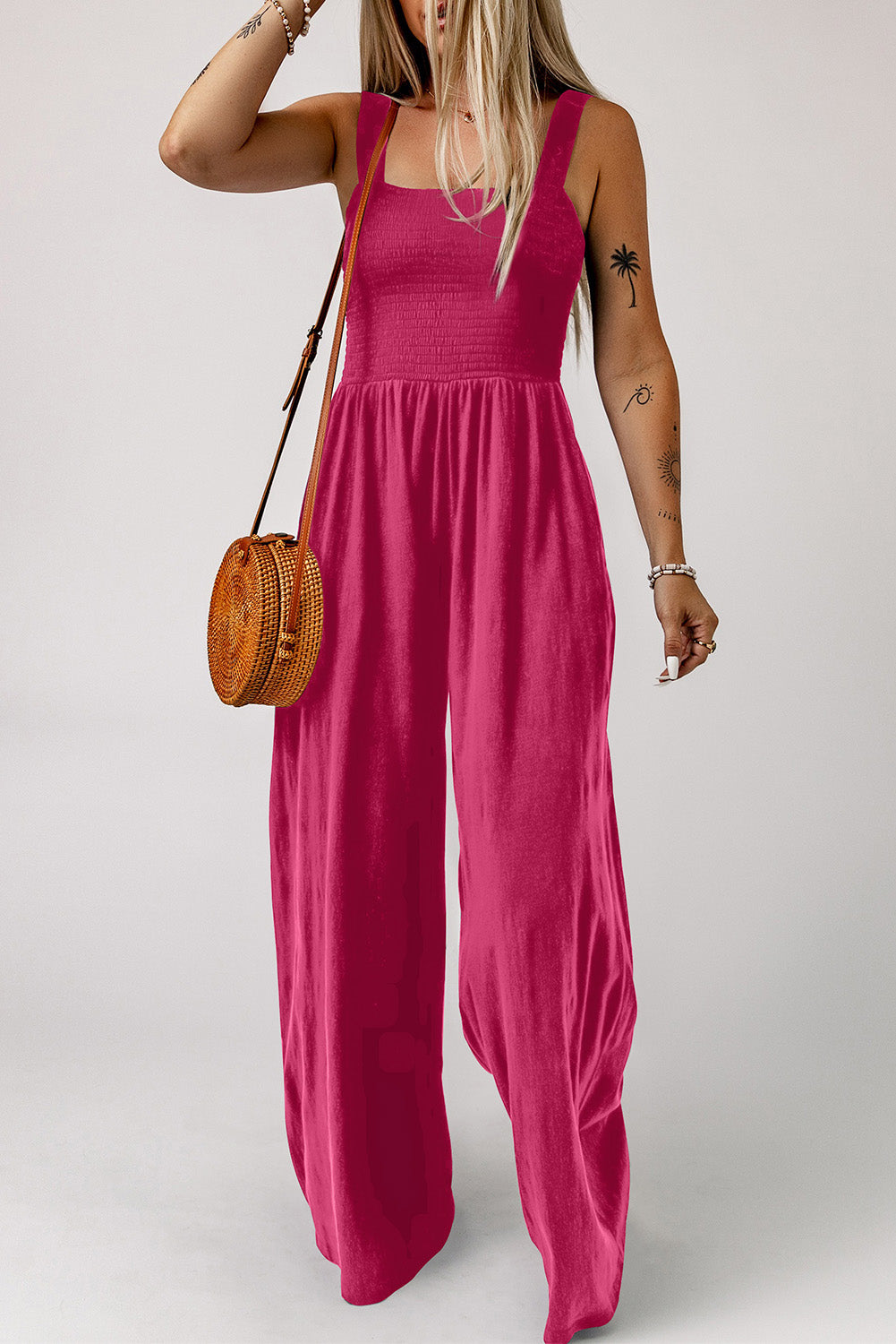 Sway Square Smocked Jumpsuit in Deep Rose with wide legs and a smocked bodice.