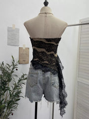 Lace Tube Top With Asymmetrical Hem in Black, close-up detail