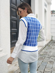 Plaid V-neck vest in acrylic, Peacock Blue with white diamond pattern, ribbed trim