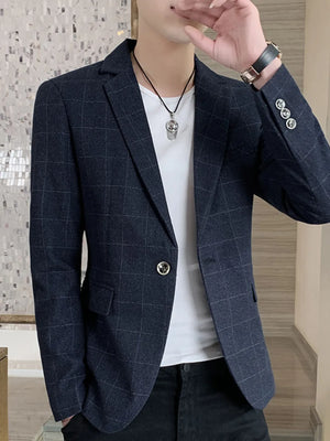 Dark navy plaid sport jacket with button closure and notched lapel.