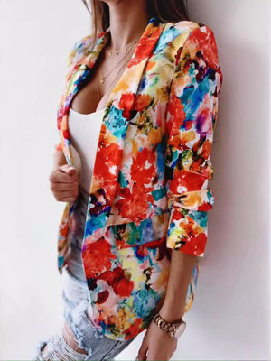 Vibrant Floral Print Open Front Blazer in Red, editorial view