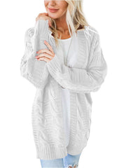 White cable knit duster cardigan with textured sleeves and open front.