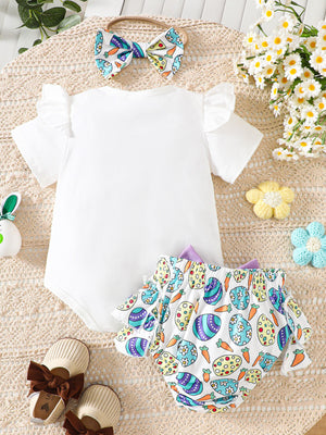 White baby bodysuit with ruffled sleeves and Easter egg print bloomers.