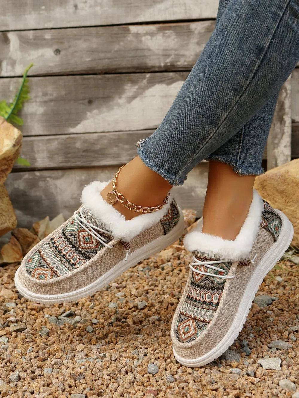 Southwestern print faux fur lined loafers in taupe with white laces and gold anklet