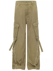 Apricot cargo pants with buckle detail, distressed hem, and multiple pockets.