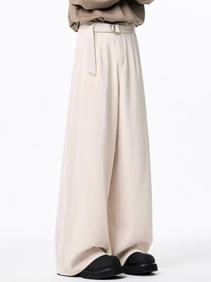 Men's plus-size apricot wide-leg casual pants with a belted waist.