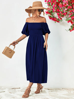 Dark blue off-shoulder midi dress with gathered bodice and balloon sleeves.