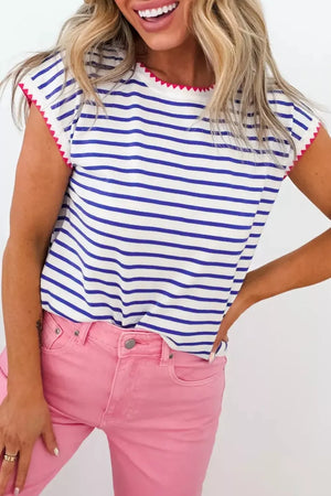 Chic blue and white striped cotton t-shirt with pink zig-zag trim on sleeves and neckline.