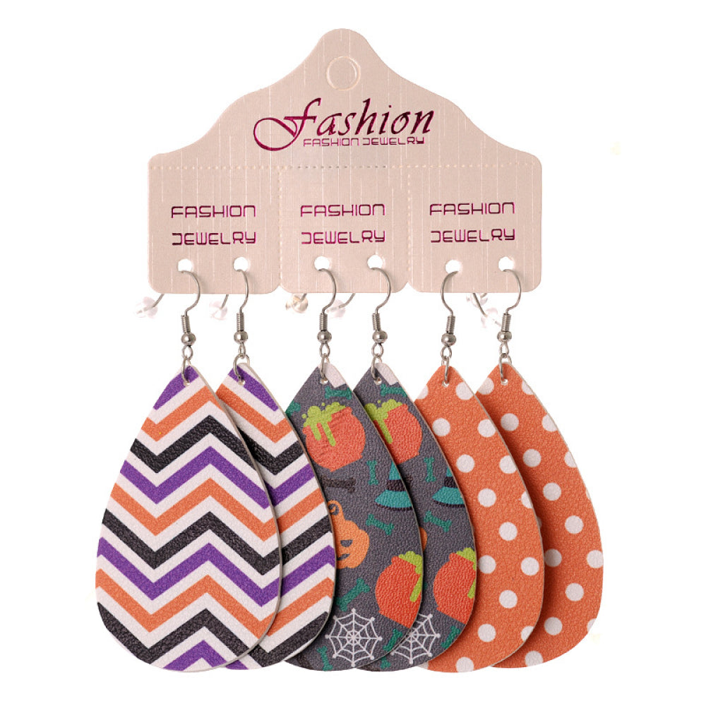 Teardrop earrings with Halloween prints: chevron, pumpkins, witch hats, spiderwebs, and polka dots.