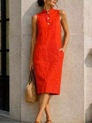 Button Detail Sleeveless Midi Dress in Lotus Color, close-up detail
