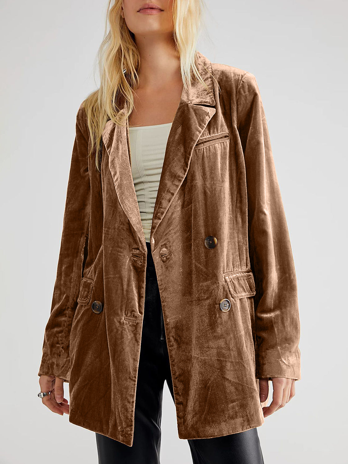 Velvet double-breasted blazer in Camel with patch pockets and button closure.