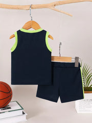 Navy basketball tank top and shorts set with neon green trim.