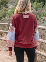Plaid Colorblock Patchwork Sleeve Sweatshirt in Burgundy, side view