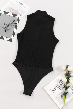 Black ribbed sleeveless mock neck bodysuit with zip-up back detail