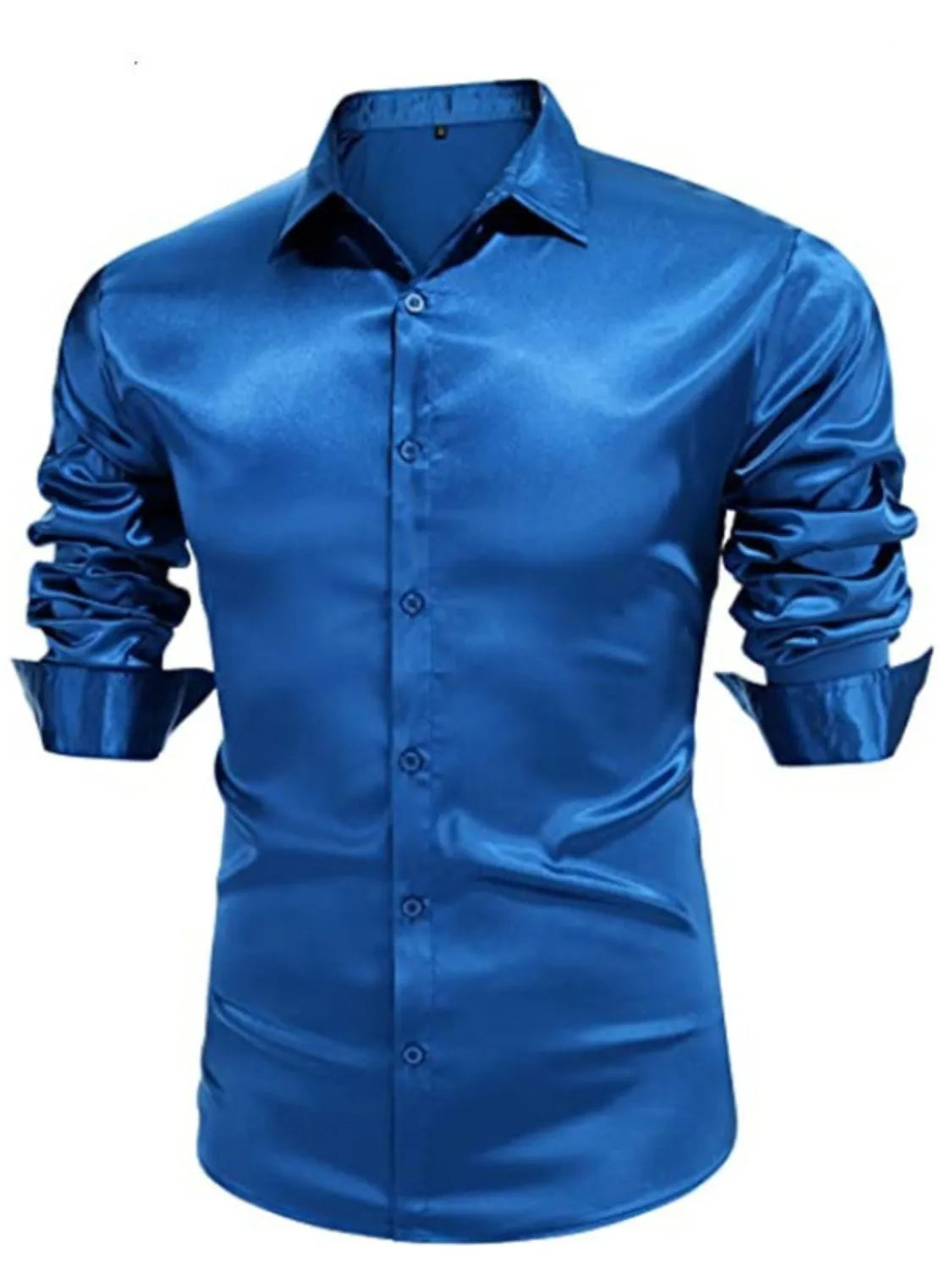 Blue satin finish slim fit button-down shirt with ruched sleeves