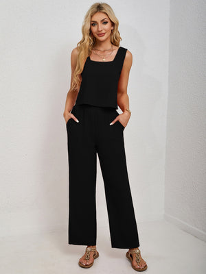 Black cropped tank top and wide-leg palazzo pants set with square neckline and pockets.