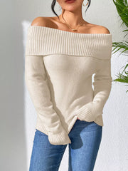 Ribbed Knit Off Shoulder Sweater in Beige, side view