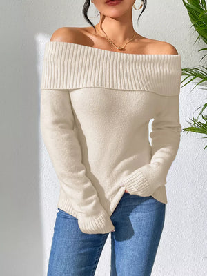 Ribbed Knit Off Shoulder Sweater in Beige, side view