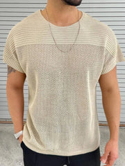 Open knit boxy t-shirt in ivory with short sleeves and a crew neck.