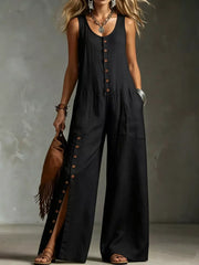 Black button-front wide-leg jumpsuit with side slit and pockets